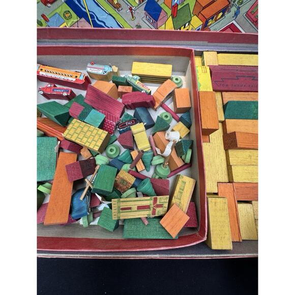 1937 TOM THUMB TOY TOWN Transogram Gold Medal toy wooden blocks buildings car - Picture 6 of 11